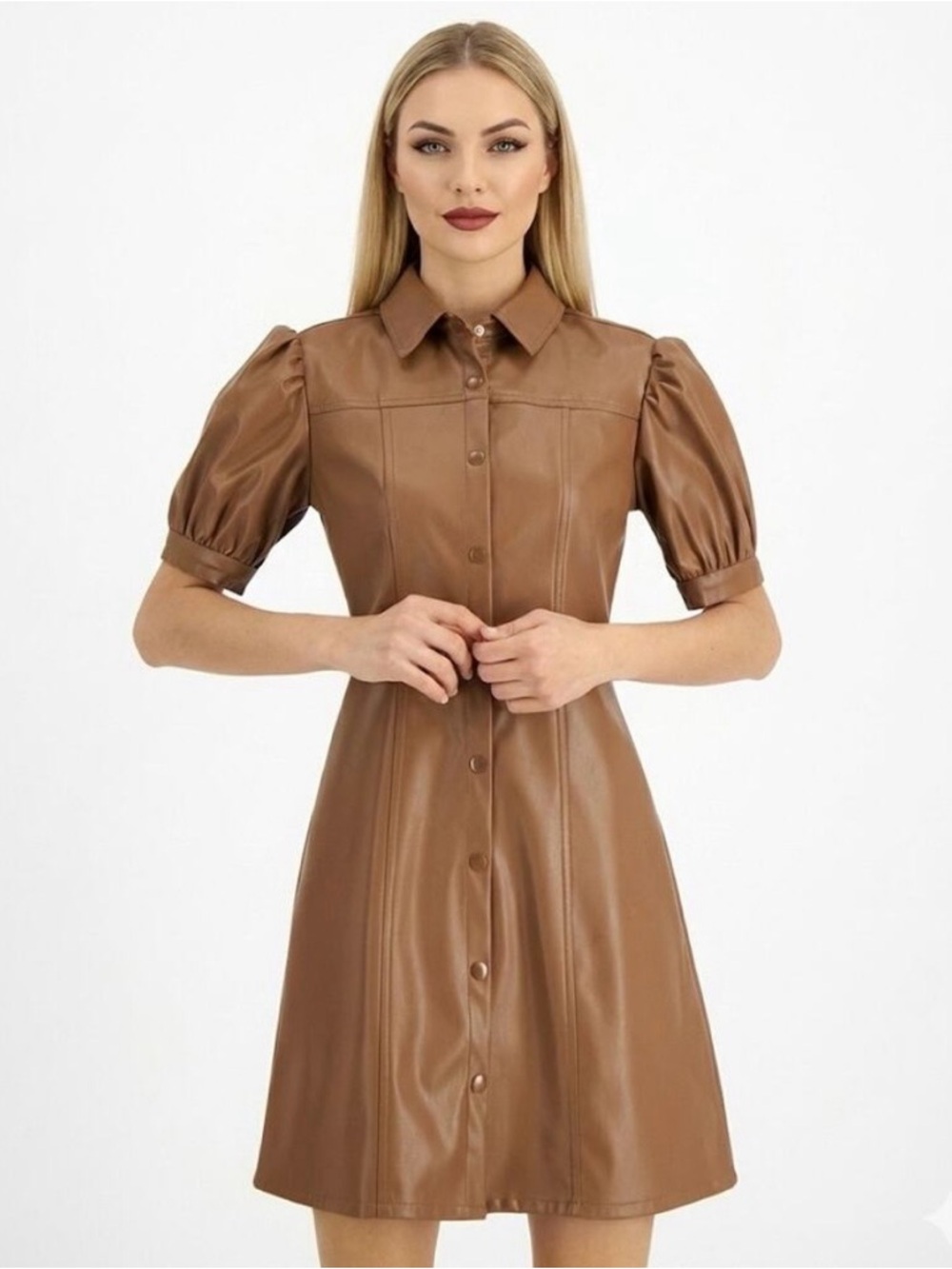 Puff-Sleeve Faux Leather Mini Dress in Brown